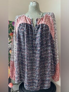 LUCKY BRAND BOHO PEASANT BLOUSE LIGHTWEIGHT, SEMI-SHEER, ELASTIC CUFFS, FLOWY 3X